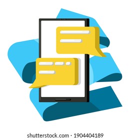 Vector cartoon isolated metaphor illustration with mobile phone and conversation bubbles. White background, blue folded ribbon. Concept of correspondence, communication, consultation online.