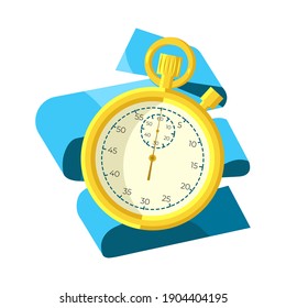 Vector cartoon isolated metaphor illustration with golden stopwatch. White background, blue folded ribbon. Concept of speed, marathon, time, efficiency, sports, business.