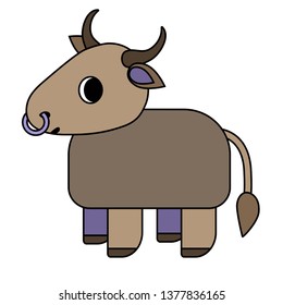 Vector cartoon isolated ox for decoration design. Funny cartoon character. Cute buffalo. Cartoon style. Farm domestic animal. Funny taurus. Primitive kids style. Simple hoofed animal. Livestock logo