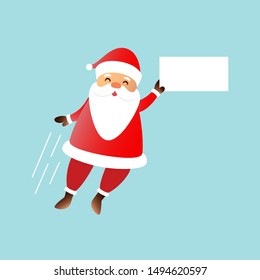 Vector cartoon isolated Santa Claus character with white blank speech template for invitation decoration and covering on the bright background. Concept of Merry Christmas and Happy New Year.