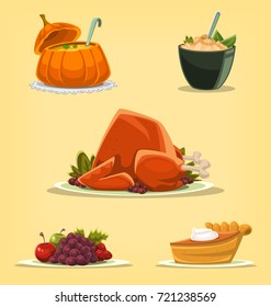 vector cartoon isolated thanksgiving dishes menu banner element with delicious roasted turkey mashed potato pumpkin pie pumpkin soup and fresh fruit illustration collection set