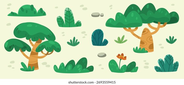 Vector de dibujos animados árboles aislados arbustos hierba y flor ilustración Plantilla Colección para niños o niños libro de dibujo