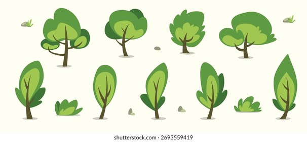 Vector de dibujos animados aislados árboles y arbustos ilustración Plantilla Colección para niños o niños libro de dibujo