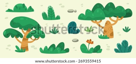 Vector Cartoon Isolated Trees Bushes Grass and Flower Illustration Template Collection for Children or Kids Drawing Book
