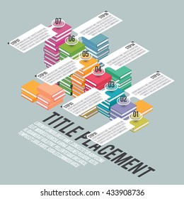Vector cartoon isometric flat illustration of heaps of colorful books as stairs with infographic design elements.