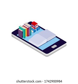 Vector cartoon isometric illustration isolated on a white background. Smartphone, books and reading. The concept of reading online, e-books and online libraries. Logo design, website reader