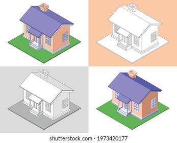 Vector cartoon isometric illustration of small house in four different options: cartoon colors with sroke, outline, monochrome and no outline.