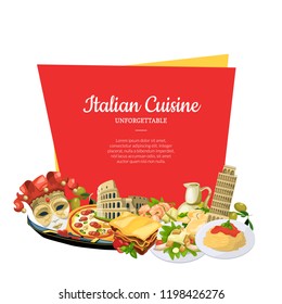 Vector cartoon italian cuisine elements below frame with place for text illustration. Food italian, restaurant menu emblem banner