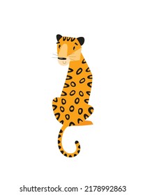 Vector cartoon jaguar. Jaguar sits. Wild cat. Wild animal.