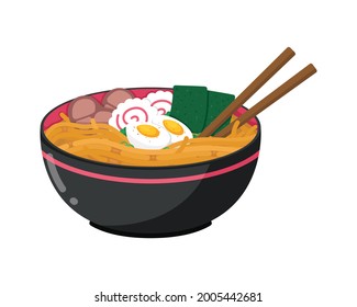 Vector Cartoon Japanese Ramen On A Bowl, Ramen noodle soup bowl ,Traditional Japanese cuisine dish. Cartoon vector illustration.