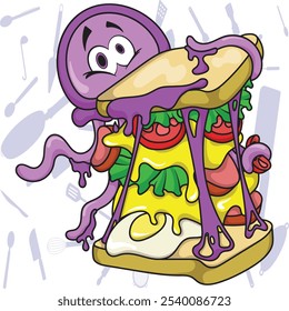 Vector cartoon jellyfish and sandwich illustration design, suitable for t-shirt object, sticker, poster, mascot etc, editable.