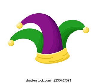 Vector cartoon jester hat for Mardi Gras. Fat Tuesday icon on white background