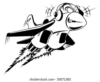 Vector cartoon jet-fighter flying listen music. More vector airplanes see in my portfolio.