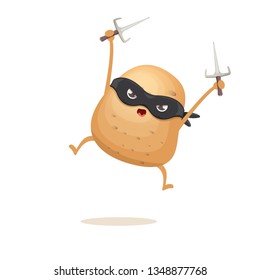 vector cartoon jumping ninja potato character with black super hero mask and ninja knife sai isolated on white background. super funky kawaii vegetable food character