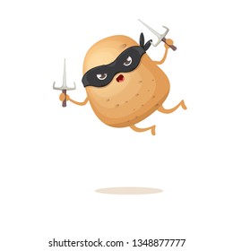 vector cartoon jumping ninja potato character with black super hero mask and ninja knife sai isolated on white background. super funky kawaii vegetable food character