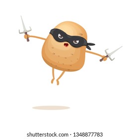 vector cartoon jumping ninja potato character with black super hero mask and ninja knife sai isolated on white background. super funky kawaii vegetable food character