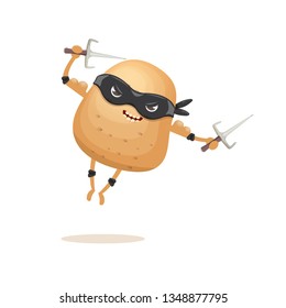 vector cartoon jumping ninja potato character with black super hero mask and ninja knife sai isolated on white background. super funky kawaii vegetable food character