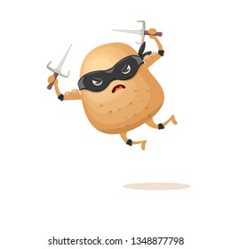 vector cartoon jumping ninja potato character with black super hero mask and ninja knife sai isolated on white background. super funky kawaii vegetable food character