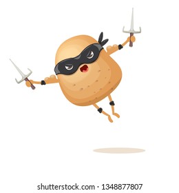 vector cartoon jumping ninja potato character with black super hero mask and ninja knife sai isolated on white background. super funky kawaii vegetable food character