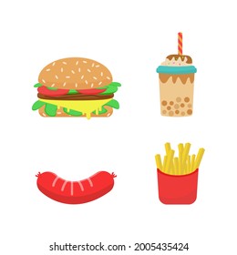 Vector cartoon of junk food includes burgers, ice milk tea, sausages and french fries