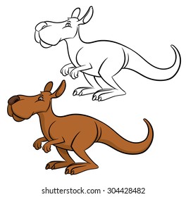Vector cartoon kangaroo - colorful and outline line art