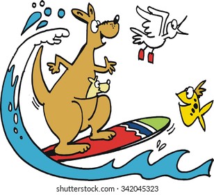 Vector cartoon of kangaroo on surfboard with bird and fish.
