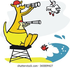 Vector cartoon of kangaroo sitting on platform using binoculars to view ocean.