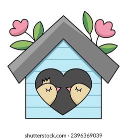 Vector cartoon kawaii bird house with pair of birds in heart. Cute Saint Valentine or spring illustration. Funny icon for kids with love or perfect match or pair concept
