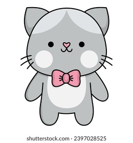 Vector cartoon kawaii cat boy with bow tie. Kitty isolated clipart. Cute kitten colored outlined illustration. Funny Saint Valentine day icon for kids with love concept
