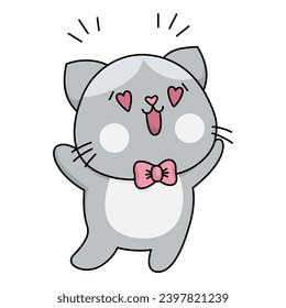 Vector cartoon kawaii cat boy with heart shaped eyes. Line kitty isolated clipart. Cute overjoyed kitten in love. Funny Saint Valentine day icon for kids 
