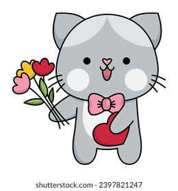 Vector cartoon kawaii cat boy icon with bow tie and flowers. Kitty isolated clipart. Cute kitten illustration. Funny Saint Valentine day icon for kids with love concept
