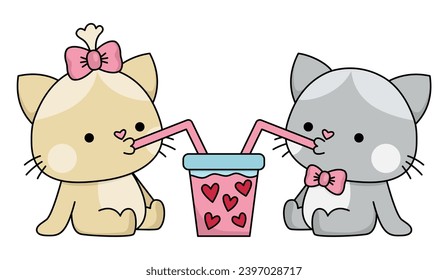 Vector cartoon kawaii cat pair drinking bubble tea. Kitties isolated clipart. Cute kitten colored outlined illustration. Funny Saint Valentine day icon for kids with love concept
