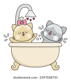 Vector cartoon kawaii cat pair taking bath. Kitties isolated clipart. Cute kitten colored outlined illustration. Funny Saint Valentine day icon for kids with love concept
