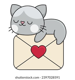 Vector cartoon kawaii cat sleeping on envelope with heart. Kitty isolated clipart. Cute kitten colored outlined illustration. Funny Saint Valentine day icon for kids with love mail concept
