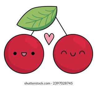 Vector cartoon kawaii cherries. Berry isolated clipart. Cute Saint Valentine day colored outlined illustration. Funny icon for kids with love or perfect match or pair concept
