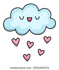 Caricatura vectorial en la nube kawaii lloviendo con corazones. Objeto natural aislado clipart. Cuta ilustración. Icono del Día de San Valentín gracioso para niños con concepto de amor
