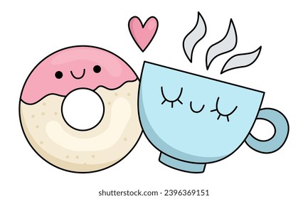 Vector cartoon kawaii donut and cup. Dessert isolated clipart. Cute Saint Valentine day illustration. Funny icon for kids with love or perfect match or pair concept
