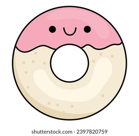Vector cartoon kawaii donut icon with icing. Dessert clipart. Cute doughnut illustration. Funny icon for kids with sweet food concept
