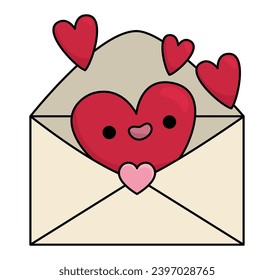Vector cartoon kawaii envelope with hearts. Letter isolated clipart. Cute message illustration. Funny Saint Valentine day icon for kids with love mail concept
