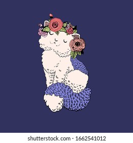 Dibujo vectorial kawaii dibujando al gato en una corona de rosas bello diseño de tarjeta ilustrativa
