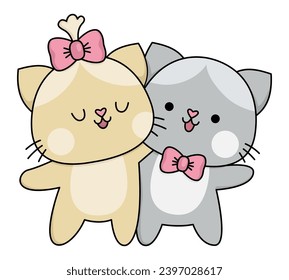 Vector cartoon kawaii hugging cat pair. Kitties isolated clipart. Cute kitten colored outlined illustration. Funny Saint Valentine day icon for kids with love concept
