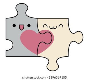 Vector cartoon kawaii jigsaw puzzle pieces. Quiz details isolated clipart. Cute Saint Valentine day illustration. Funny icon for kids with love or perfect match or pair concept
