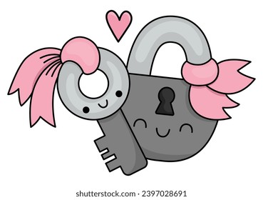 Vector cartoon kawaii key and lock. Locker isolated clipart. Cute Saint Valentine day colored outlined illustration. Funny icon for kids with love or perfect match or pair concept
