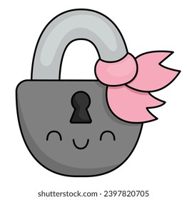Vector cartoon kawaii lock with ribbon. Smiling locker isolated clipart. Cute illustration. Funny icon for kids with saint valentine, love or marriage concept
