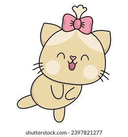 Vector cartoon kawaii shy cat girl with bow. Kitty isolated clipart. Cute kitten colored outlined illustration. Funny Saint Valentine day icon for kids with love concept
