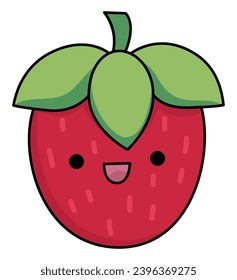 Vector cartoon kawaii strawberry. Smiling berry clipart. Cute fruit illustration. Funny icon for kids with healthy food concept
