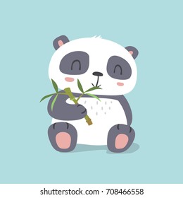 vector cartoon kawaii style cute panda eating bamboo illustration