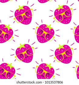 vector cartoon kawaii style smiling strawberry in glasses punchy pastel seamless pattern
