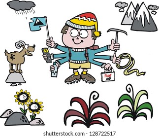 Vector cartoon of keen mountain climber holding rope, pick and flag.