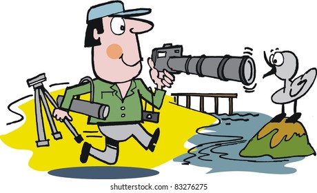 Vector cartoon of keen photographer taking picture of bird